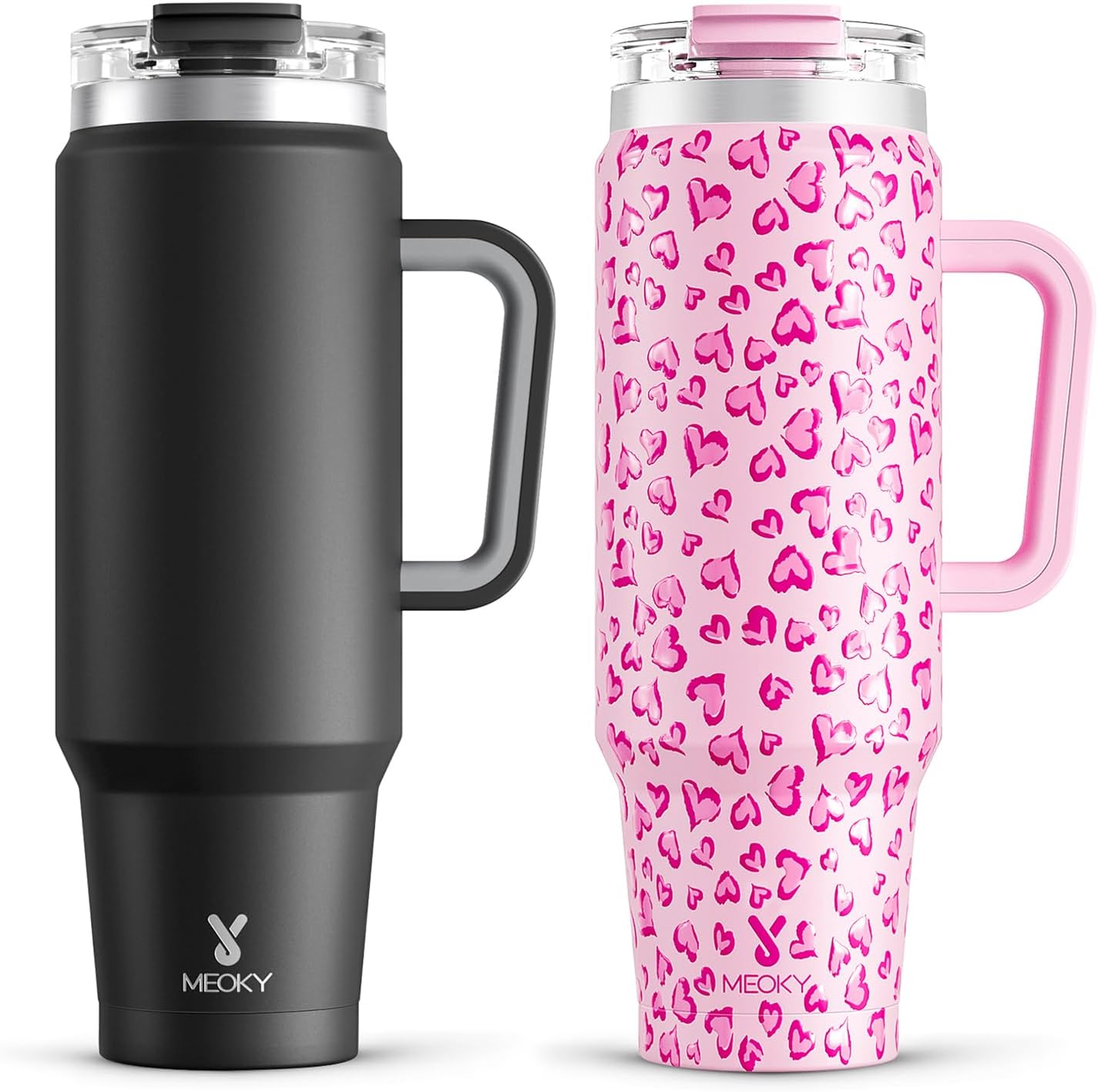 Meoky 40 oz Tumbler with Handle and Straw 2 Pack, Insulated Tumbler with Lid and Straw, Stainless Steel Travel Mug, Keeps Cold for 34 Hours, 100% Leak Proof, Fits in Car Cup Holder (Night & Love) - 7DAY'S