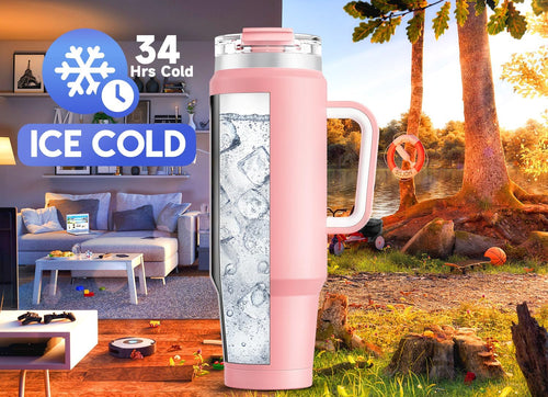 Meoky 40 oz Tumbler with Handle and Straw 2 Pack, Insulated Tumbler with Lid and Straw, Stainless Steel Travel Mug, Keeps Cold for 34 Hours, 100% Leak Proof, Fits in Car Cup Holder (Blush & Flamingo) - 7DAY'S