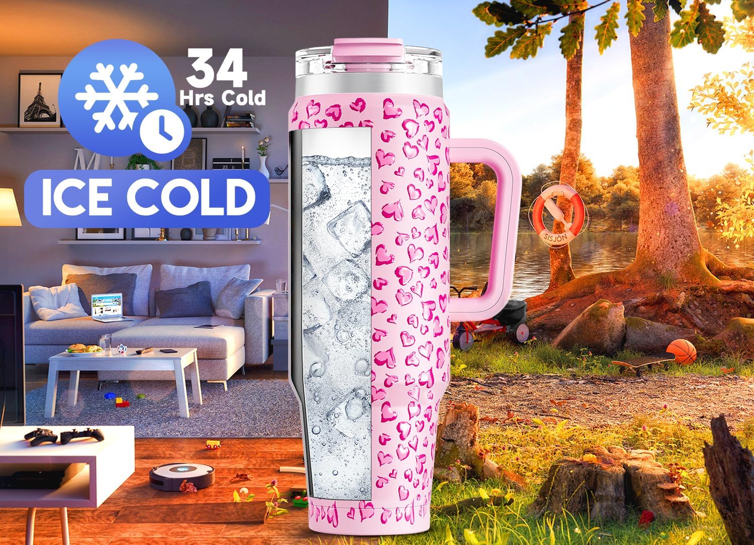 Meoky 40 oz Tumbler with Handle and Straw 2 Pack, Insulated Tumbler with Lid and Straw, Stainless Steel Travel Mug, Keeps Cold for 34 Hours, 100% Leak Proof, Fits in Car Cup Holder (Love & Flamingo) - 7DAY'S