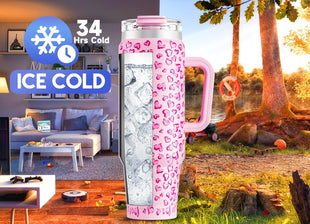 Meoky 40 oz Tumbler with Handle and Straw 2 Pack, Insulated Tumbler with Lid and Straw, Stainless Steel Travel Mug, Keeps Cold for 34 Hours, 100% Leak Proof, Fits in Car Cup Holder (Love & Flamingo) - 7DAY'S
