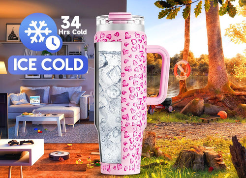 Meoky 40 oz Tumbler with Handle and Straw 2 Pack, Insulated Tumbler with Lid and Straw, Stainless Steel Travel Mug, Keeps Cold for 34 Hours, 100% Leak Proof, Fits in Car Cup Holder (Love & Flamingo) - 7DAY'S