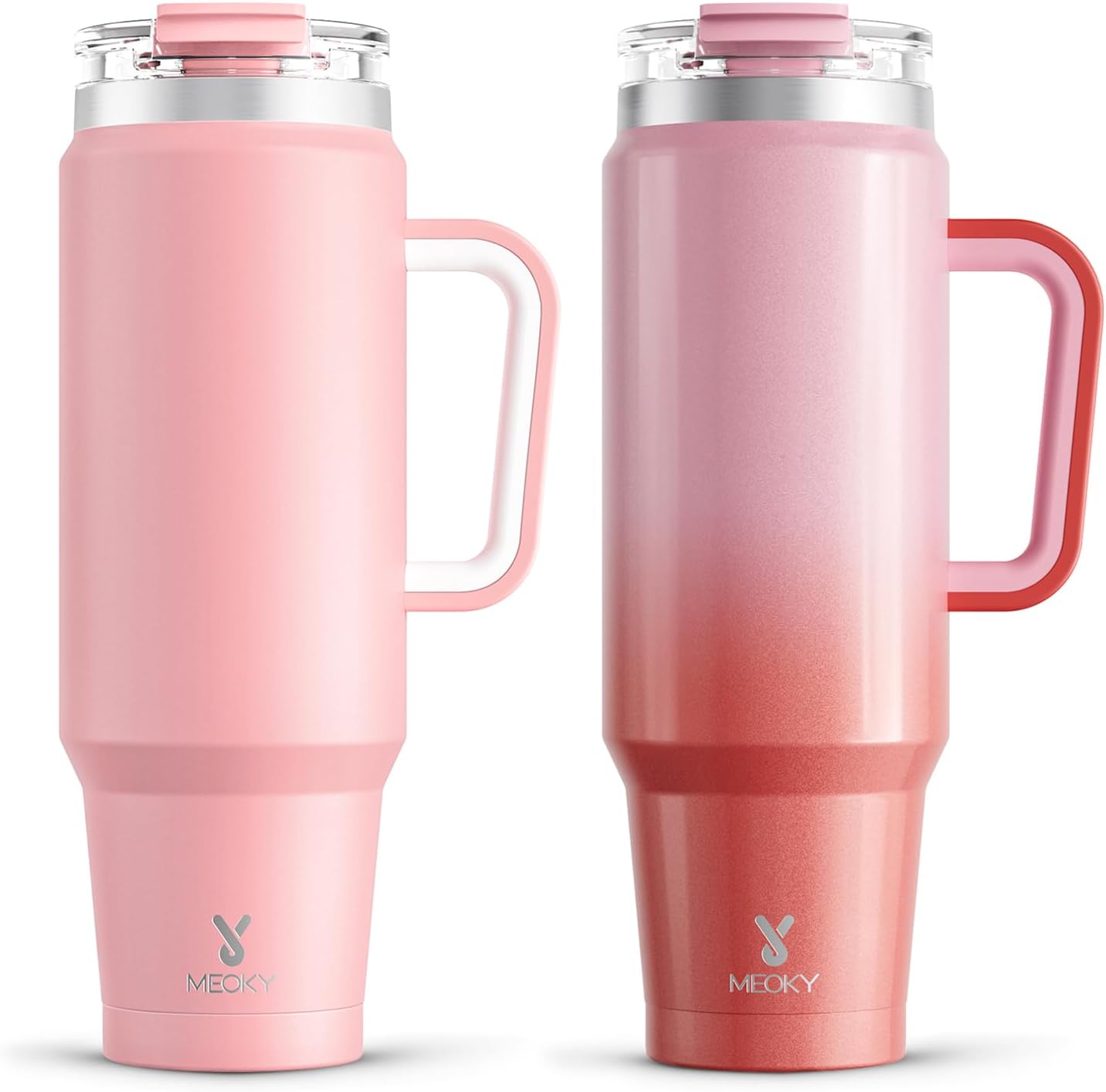 Meoky 40 oz Tumbler with Handle and Straw 2 Pack, Insulated Tumbler with Lid and Straw, Stainless Steel Travel Mug, Keeps Cold for 34 Hours, 100% Leak Proof, Fits in Car Cup Holder (Blush & Flamingo) - 7DAY'S