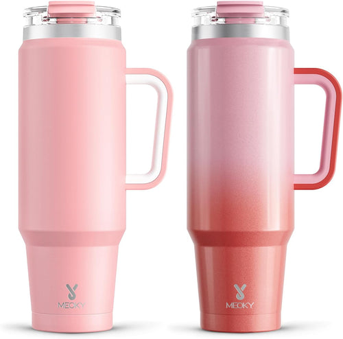 Meoky 40 oz Tumbler with Handle and Straw 2 Pack, Insulated Tumbler with Lid and Straw, Stainless Steel Travel Mug, Keeps Cold for 34 Hours, 100% Leak Proof, Fits in Car Cup Holder (Blush & Flamingo)