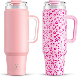 Meoky 40 oz Tumbler with Handle and Straw 2 Pack, Insulated Tumbler with Lid and Straw, Stainless Steel Travel Mug, Keeps Cold for 34 Hours, 100% Leak Proof, Fits in Car Cup Holder (Blush & Love)