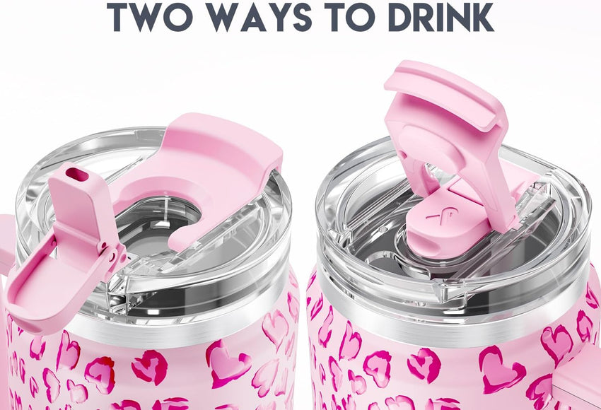 Meoky 40 oz Tumbler with Handle and Straw 2 Pack, Insulated Tumbler with Lid and Straw, Stainless Steel Travel Mug, Keeps Cold for 34 Hours, 100% Leak Proof, Fits in Car Cup Holder (Love & Flamingo) - 7DAY'S