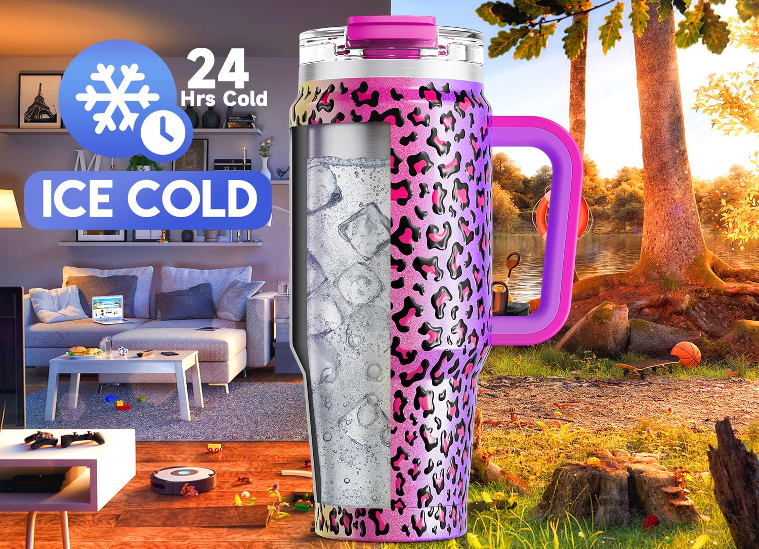 Meoky 40 oz Tumbler with Handle and Straw, Insulated Tumbler with Lid and Straw, Stainless Steel Travel Mug, Keeps Cold for 34 Hours, 100% Leak Proof, Fits in Car Cup Holder (Night) - 7DAY'S