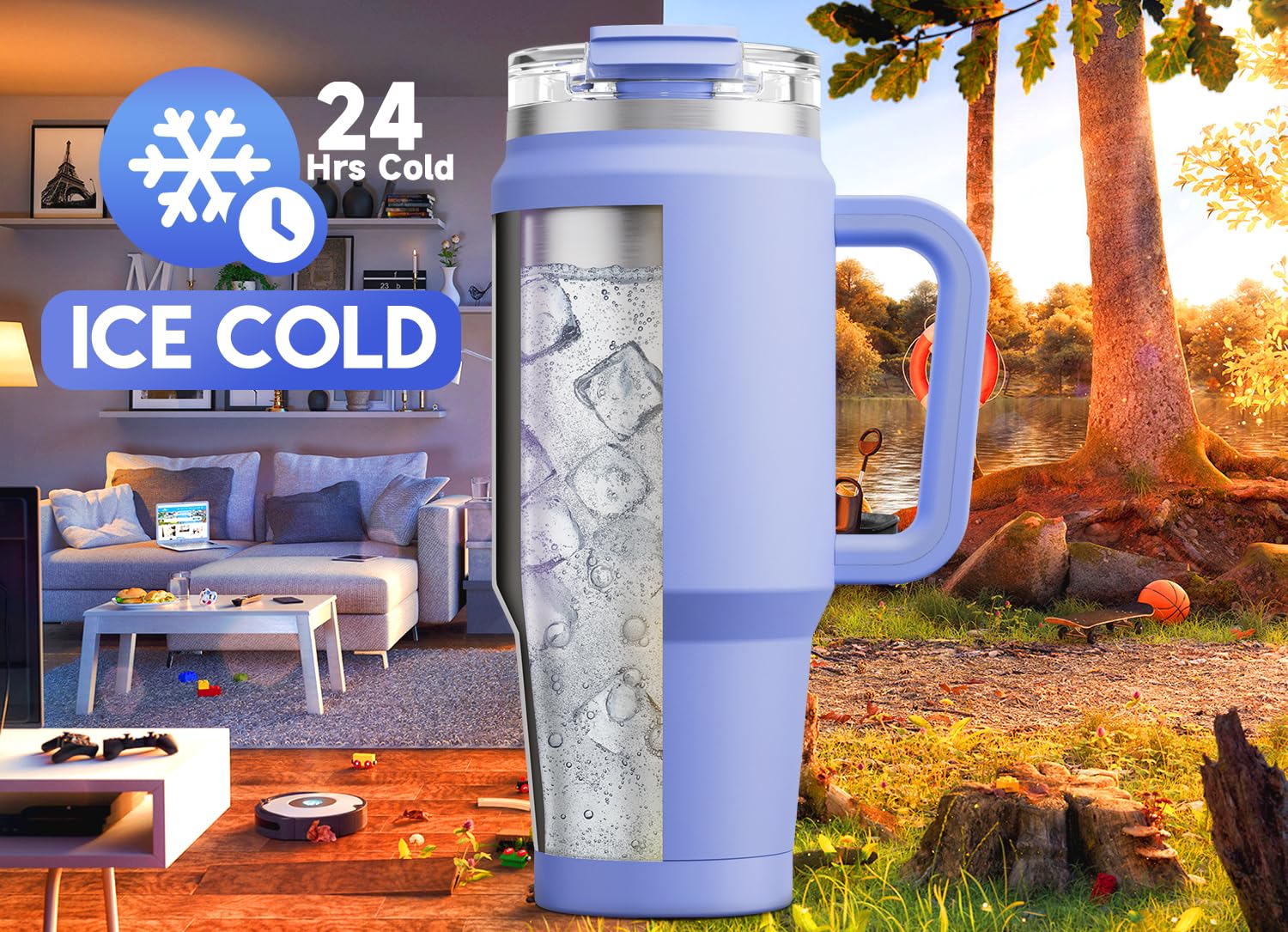 Meoky 40 oz Tumbler with Handle and Straw, Insulated Tumbler with Lid and Straw, Stainless Steel Travel Mug, Keeps Cold for 34 Hours, 100% Leak Proof, Fits in Car Cup Holder (Night) - 7DAY'S
