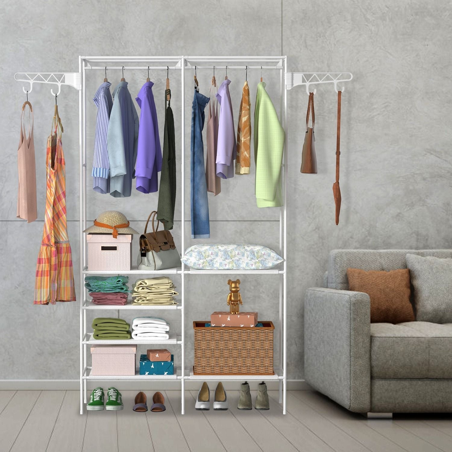 Metal Garment Rack Shoe Clothing Organizer Shelves Freestanding Multifunctional Clothes Wardrobe - 7DAY'S