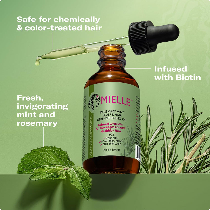 Mielle Organics Rosemary & Mint Hair Oil, Split Ends & Dry Scalp Treatment - Made with Biotin & Essential Oils for Strengthening, Soothing, Moisturizing & Encouraging Longer, Healthier Hair (2 Fl Oz) - 7DAY'S