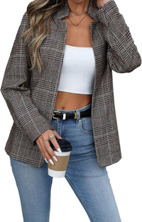 Mina Self 2024 Fall Winter Plaid Blazer Jacket for Women Houndstooth Open Front Elegant Fully Lined Business Work Suit - 7DAY'S