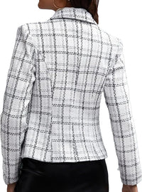 Mina Self 2024 Fall Winter Plaid Tweed Blazer Jacket Double Breasted Slim Casual Long Sleeve Fashion Work Office with Pockets - 7DAY'S
