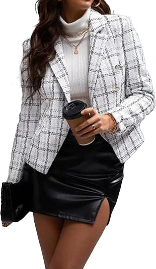 Mina Self 2024 Fall Winter Plaid Tweed Blazer Jacket Double Breasted Slim Casual Long Sleeve Fashion Work Office with Pockets - 7DAY'S