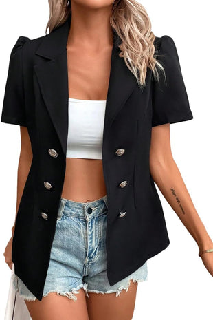 Mina Self 2024 Summer Womens Short Puff Sleeve Fully Lined Blazer Double Breasted Lightweight Casual Office Jackets