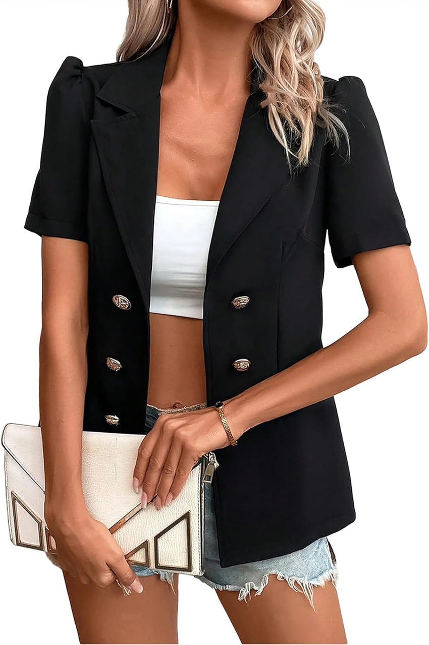 Mina Self 2024 Summer Womens Short Puff Sleeve Fully Lined Blazer Double Breasted Lightweight Casual Office Jackets - 7DAY'S