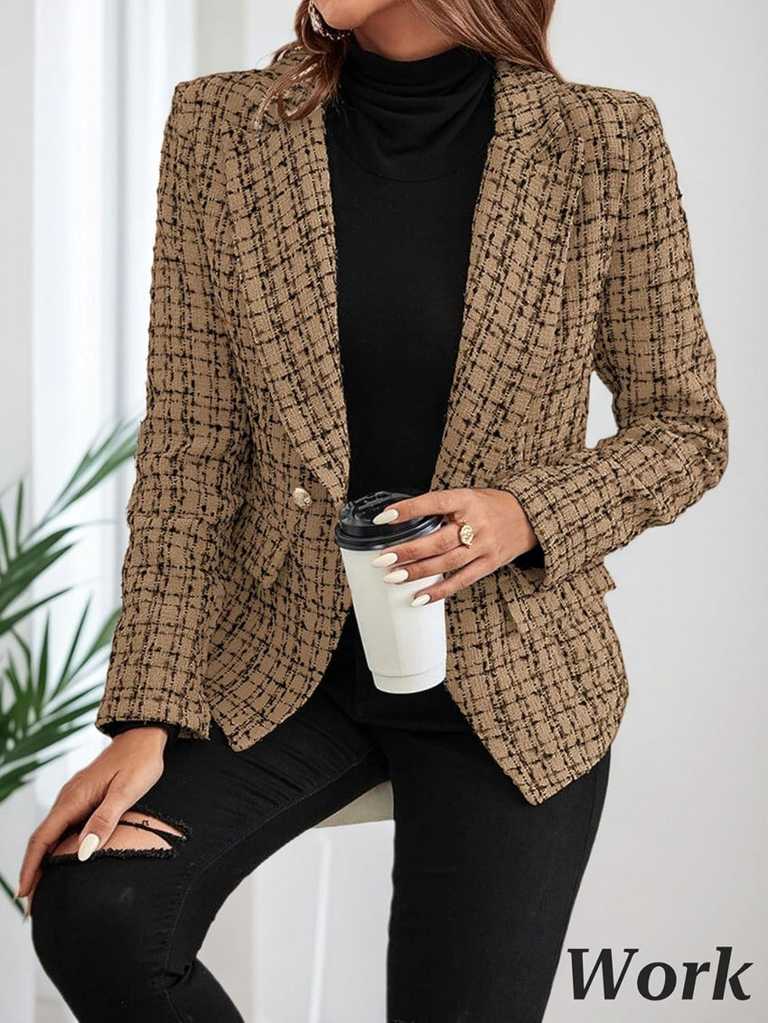 Mina Self 2025 Fall Tweed Blazers for Women Plaid Double - Breasted Petite Cardigan Jackets Cute Winter Coats with Pockets - 7DAY'S