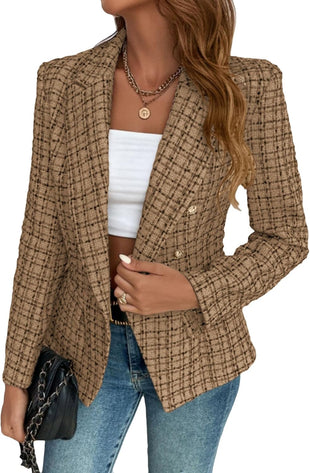 Mina Self 2025 Fall Tweed Blazers for Women Plaid Double-Breasted Petite Cardigan Jackets Cute Winter Coats with Pockets