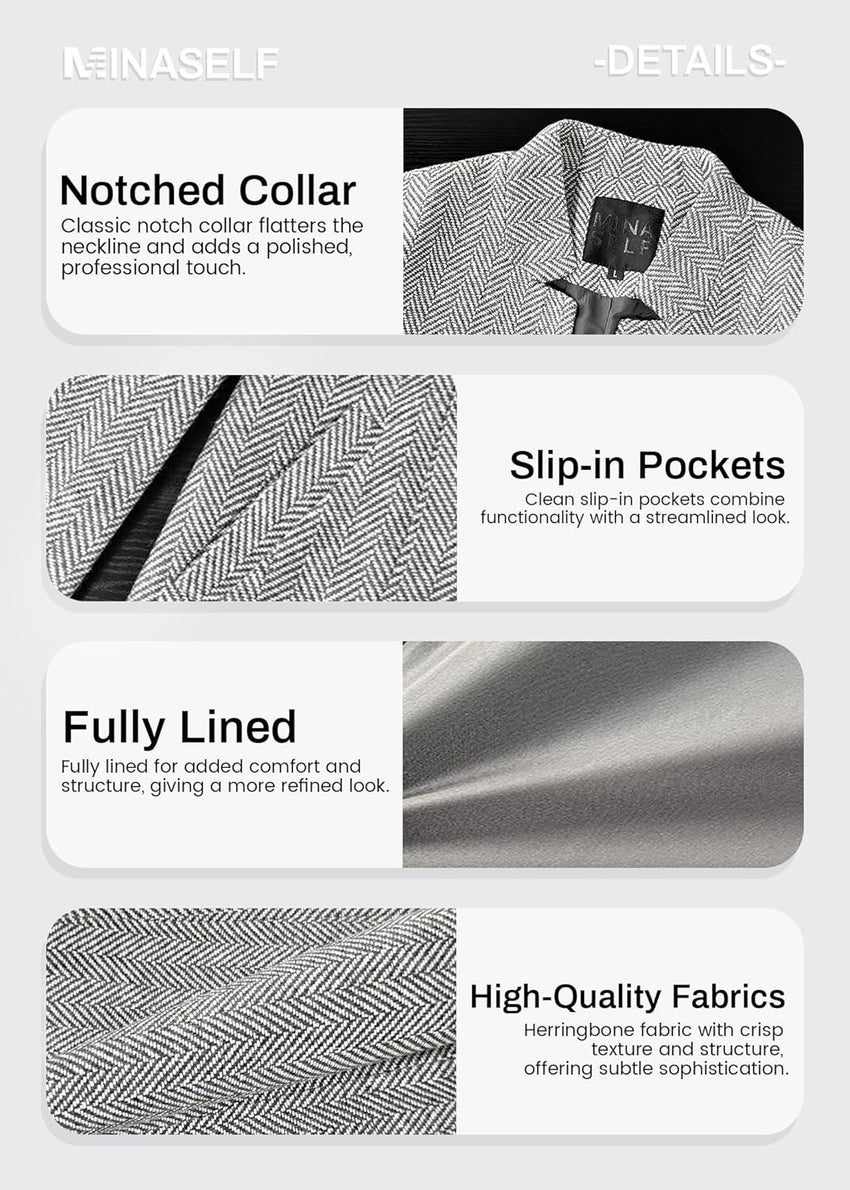 Mina Self 2025 Fall Winter Women's Herringbone Blazer Jackets - Notch Lapel Open Front Long Business Casual Trendy Coat - 7DAY'S