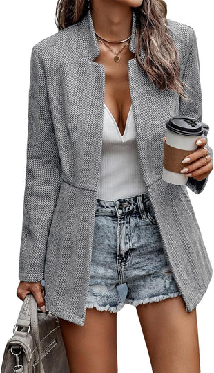 Mina Self 2025 Fall Winter Women's Herringbone Blazer Jackets - Notch Lapel Open Front Long Business Casual Trendy Coat