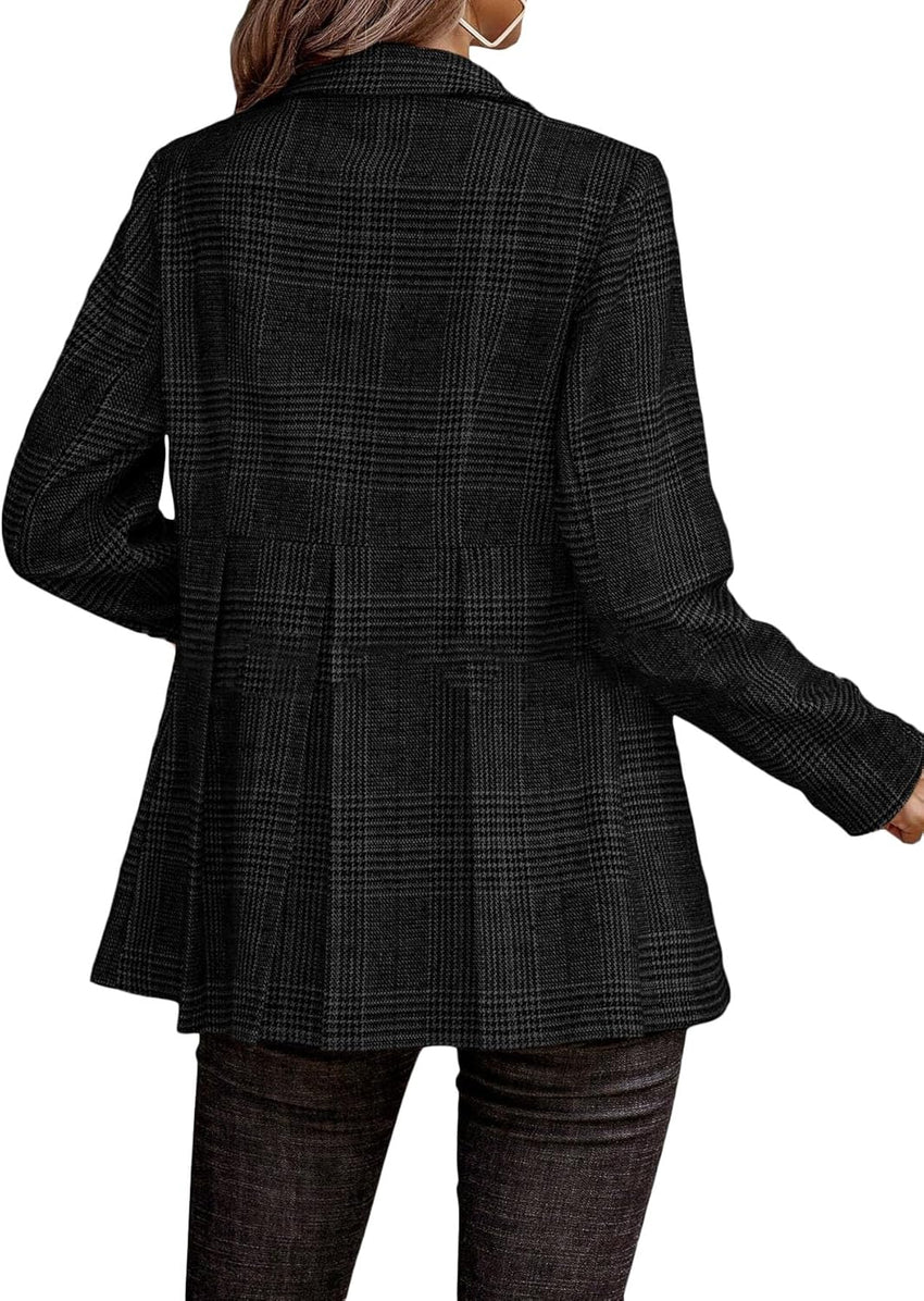 Mina Self 2025 Fall Women's Casual Plaid Blazer Oversized Professional Houndstooth Suit Jackets Coat with Pleated Hem - 7DAY'S