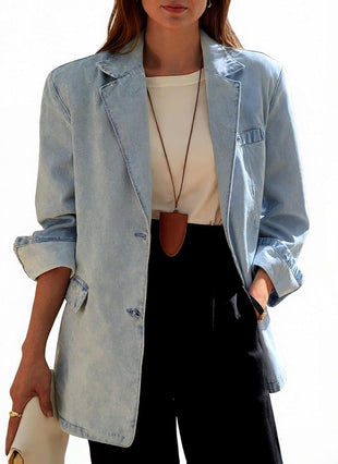 Mina Self 2025 Fall Women's Denim Blazer Jacket - Fashion Open Front Lightweight Casual Work Office Jean Top Pockets
