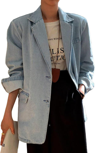 Mina Self 2025 Fall Women's Denim Blazer Jacket - Fashion Open Front Lightweight Casual Work Office Jean Top Pockets - 7DAY'S