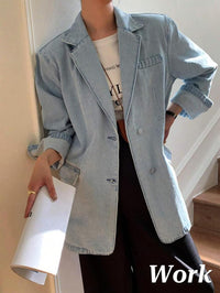 Mina Self 2025 Fall Women's Denim Blazer Jacket - Fashion Open Front Lightweight Casual Work Office Jean Top Pockets - 7DAY'S