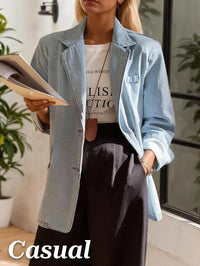 Mina Self 2025 Fall Women's Denim Blazer Jacket - Fashion Open Front Lightweight Casual Work Office Jean Top Pockets - 7DAY'S