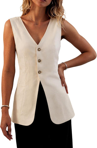 Mina Self 2025 Fall Women's Long Linen Vest Tops - Lightweight Breathable Fashion Fully - Lined Office Outerwear With Pockets - 7DAY'S