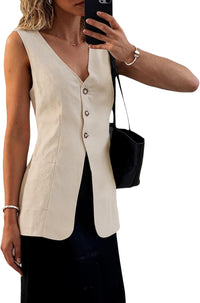 Mina Self 2025 Fall Women's Long Linen Vest Tops - Lightweight Breathable Fashion Fully - Lined Office Outerwear With Pockets - 7DAY'S