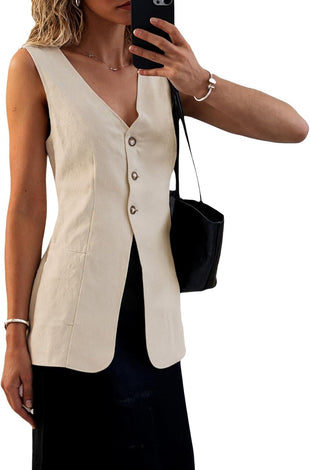 Mina Self 2025 Fall Women's Long Linen Vest Tops - Lightweight Breathable Fashion Fully-Lined Office Outerwear With Pockets