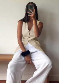 Mina Self 2025 Fall Women's Long Linen Vest Tops - Lightweight Breathable Fashion Fully - Lined Office Outerwear With Pockets - 7DAY'S