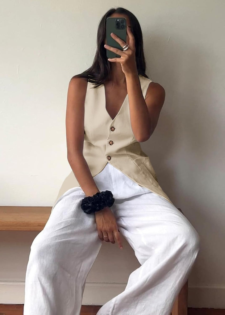 Mina Self 2025 Fall Women's Long Linen Vest Tops - Lightweight Breathable Fashion Fully - Lined Office Outerwear With Pockets - 7DAY'S