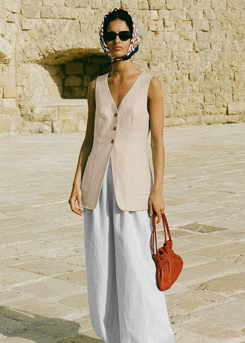 Mina Self 2025 Fall Women's Long Linen Vest Tops - Lightweight Breathable Fashion Fully - Lined Office Outerwear With Pockets - 7DAY'S