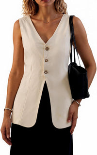 Mina Self 2025 Fall Women's Long Linen Vest Tops - Lightweight Breathable Fashion Fully - Lined Office Outerwear With Pockets - 7DAY'S