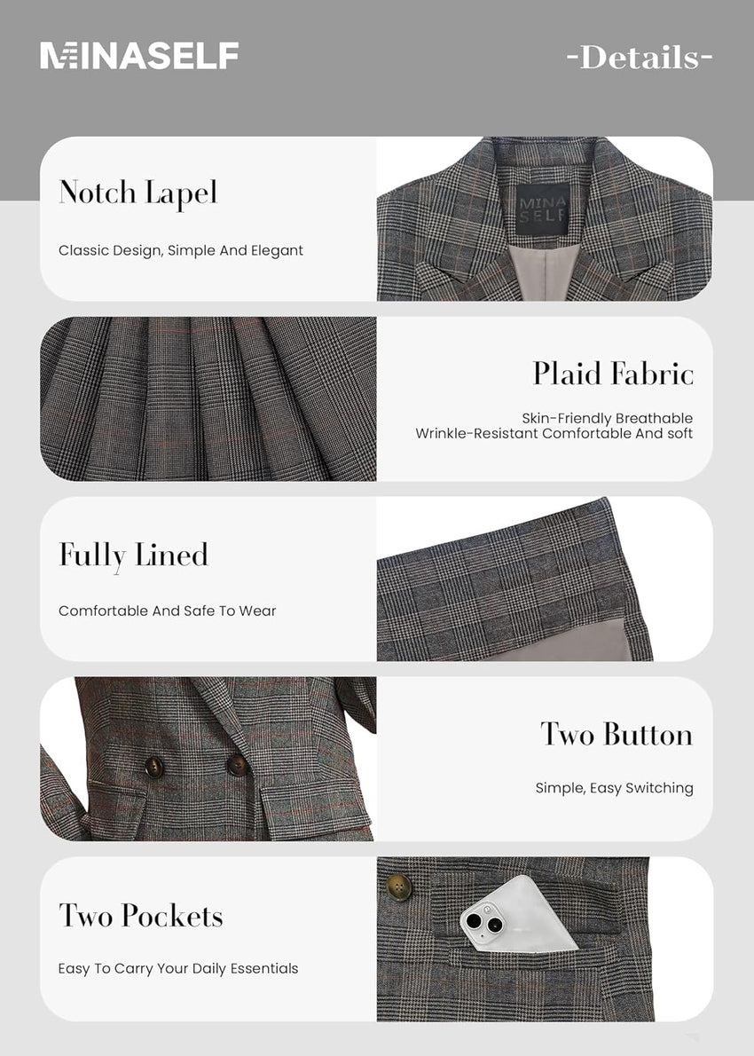 Mina Self 2025 Fall Women's Plaid Houndstooth Blazer Jacket - Fully Lined Business Casual Elegant Work Suit with Pockets - 7DAY'S