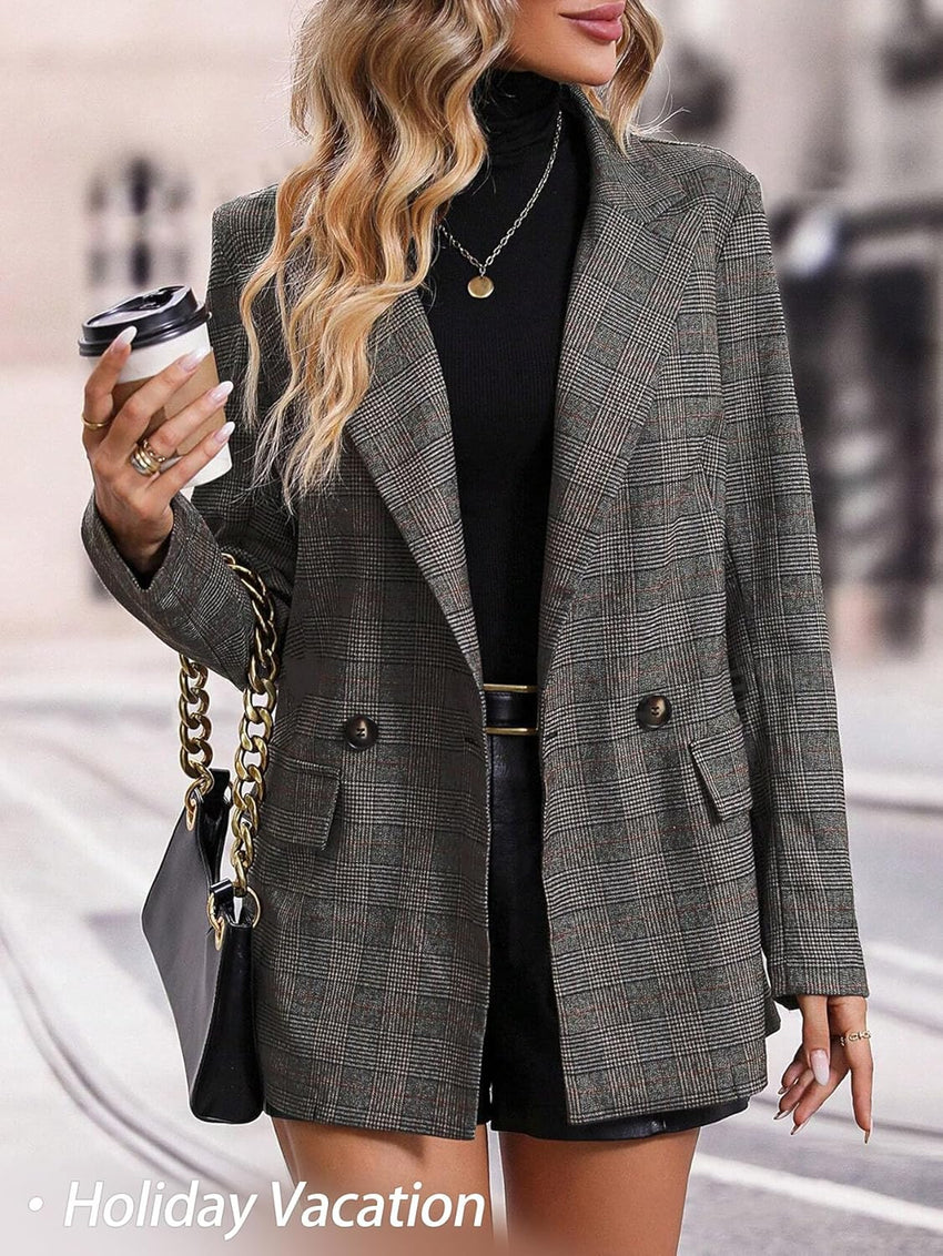 Mina Self 2025 Fall Women's Plaid Houndstooth Blazer Jacket - Fully Lined Business Casual Elegant Work Suit with Pockets - 7DAY'S