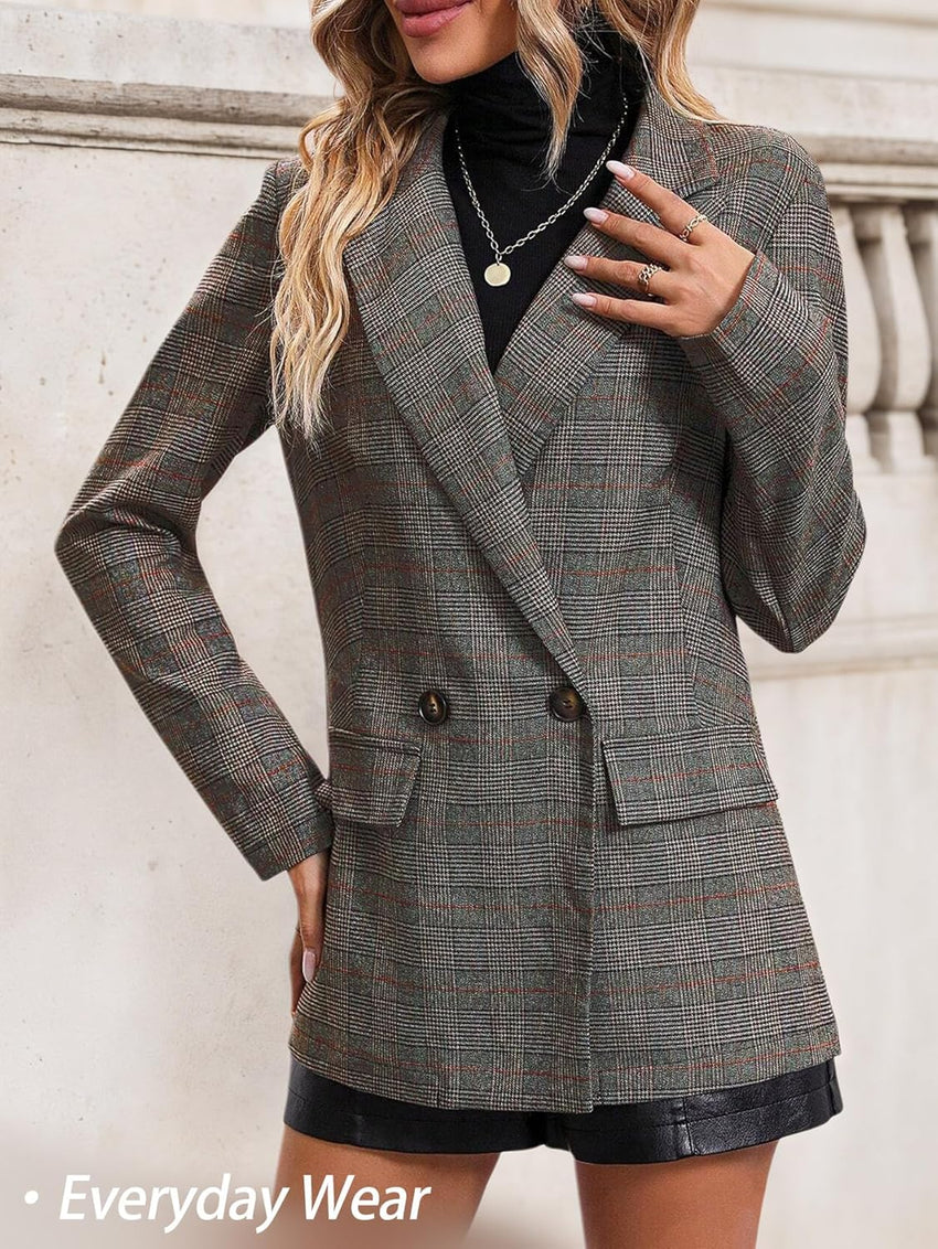 Mina Self 2025 Fall Women's Plaid Houndstooth Blazer Jacket - Fully Lined Business Casual Elegant Work Suit with Pockets - 7DAY'S