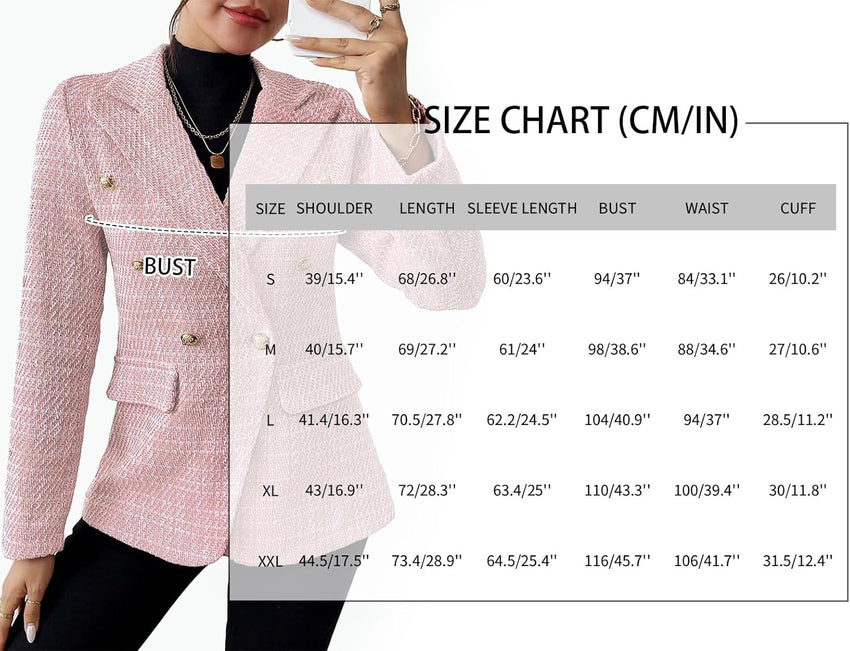 Mina Self 2025 Fall Women's Tweed Blazer - Double - Breasted Fully - Lined Fashion Slim Casual Work Office Jacket with Pockets - 7DAY'S