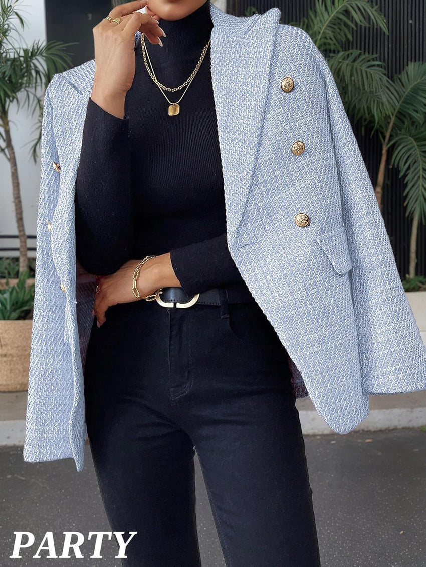 Mina Self 2025 Fall Women's Tweed Blazer - Double - Breasted Fully - Lined Fashion Slim Casual Work Office Jacket with Pockets - 7DAY'S