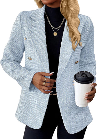 Mina Self 2025 Fall Women's Tweed Blazer - Double-Breasted Fully-Lined Fashion Slim Casual Work Office Jacket with Pockets