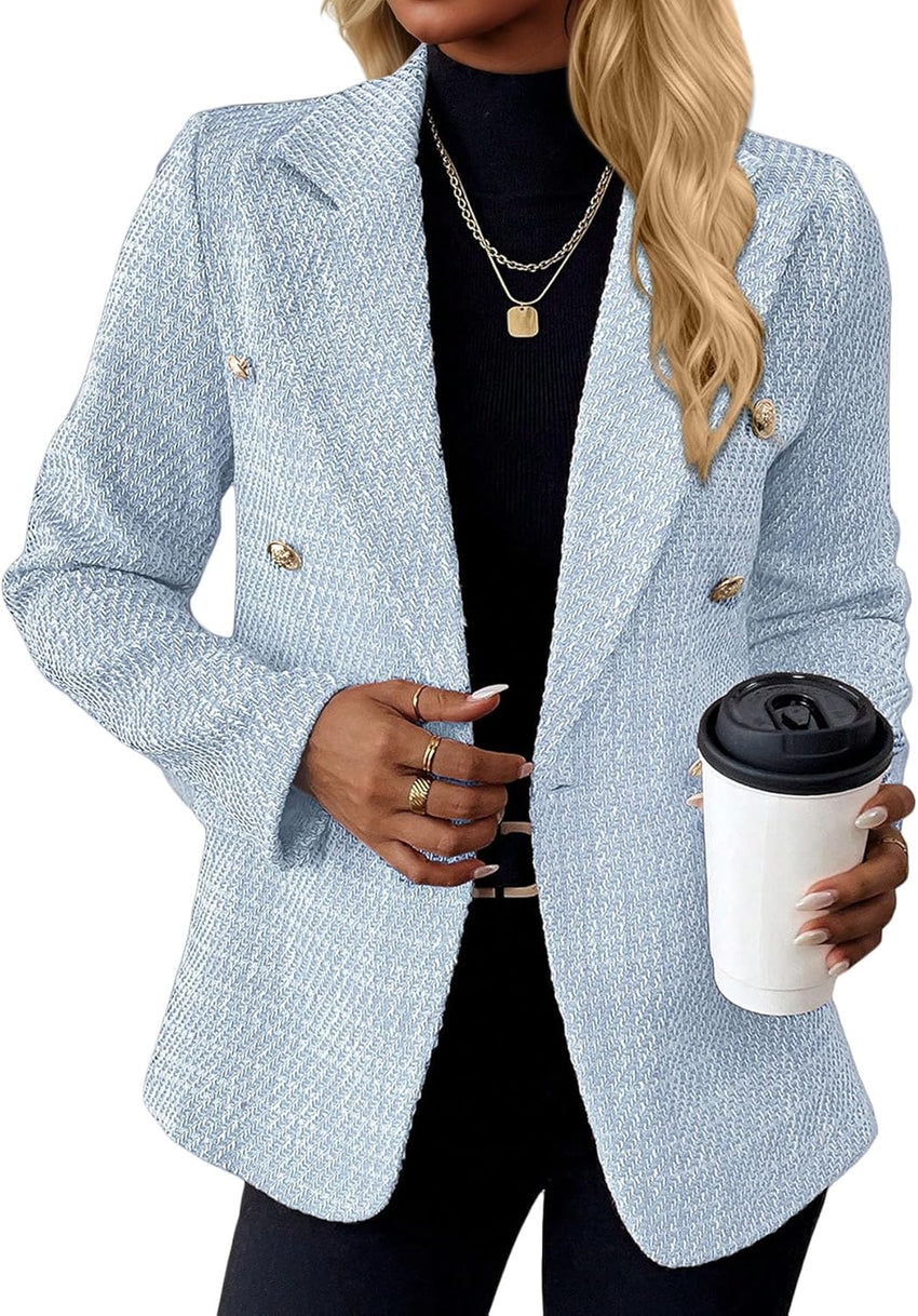 Mina Self 2025 Fall Women's Tweed Blazer - Double - Breasted Fully - Lined Fashion Slim Casual Work Office Jacket with Pockets - 7DAY'S