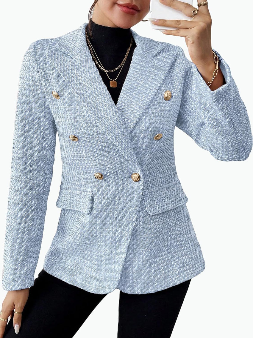 Mina Self 2025 Fall Women's Tweed Blazer - Double - Breasted Fully - Lined Fashion Slim Casual Work Office Jacket with Pockets - 7DAY'S