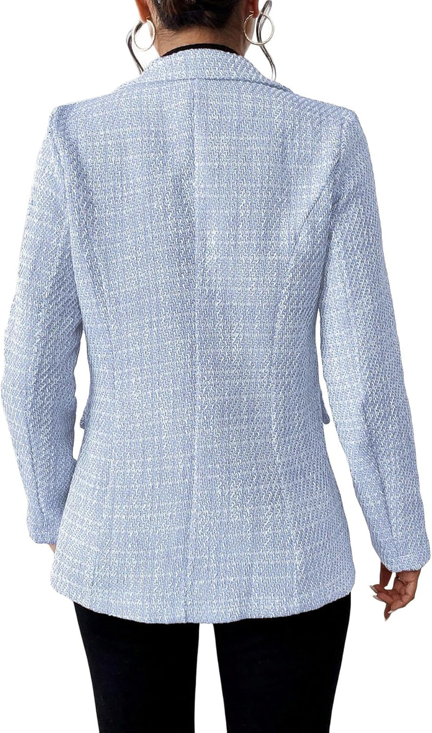 Mina Self 2025 Fall Women's Tweed Blazer - Double - Breasted Fully - Lined Fashion Slim Casual Work Office Jacket with Pockets - 7DAY'S