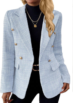Mina Self 2025 Fall Women's Tweed Blazer - Double - Breasted Fully - Lined Fashion Slim Casual Work Office Jacket with Pockets - 7DAY'S