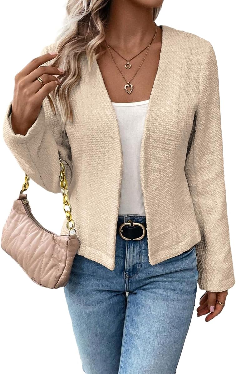Mina Self 2025 Fall Women's Tweed Blazer Jacket - Collarless Open Front Fully Lined Elegant Fitted Fashion Casual Work Coat - 7DAY'S