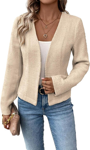 Mina Self 2025 Fall Women's Tweed Blazer Jacket - Collarless Open Front Fully Lined Elegant Fitted Fashion Casual Work Coat - 7DAY'S