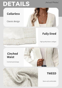 Mina Self 2025 Fall Women's Tweed Blazer Jacket - Collarless Open Front Fully Lined Elegant Fitted Fashion Casual Work Coat - 7DAY'S