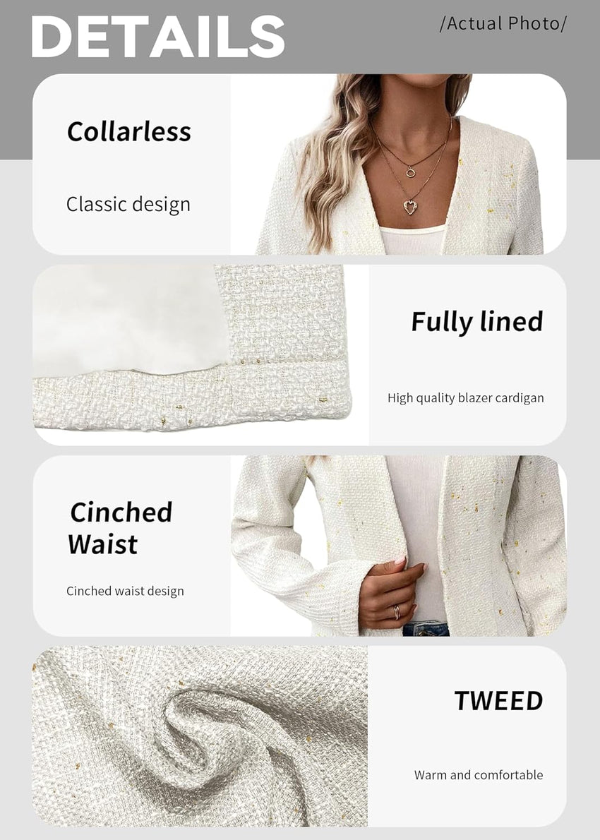 Mina Self 2025 Fall Women's Tweed Blazer Jacket - Collarless Open Front Fully Lined Elegant Fitted Fashion Casual Work Coat - 7DAY'S