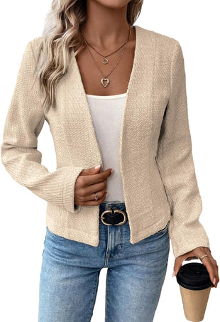 Mina Self 2025 Fall Women's Tweed Blazer Jacket - Collarless Open Front Fully Lined Elegant Fitted Fashion Casual Work Coat