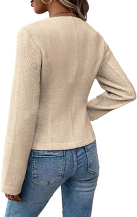 Mina Self 2025 Fall Women's Tweed Blazer Jacket - Collarless Open Front Fully Lined Elegant Fitted Fashion Casual Work Coat - 7DAY'S